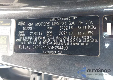 2021 Kia Forte Lxs из США, поврежденный, VIN 3KPF24AD7ME294409